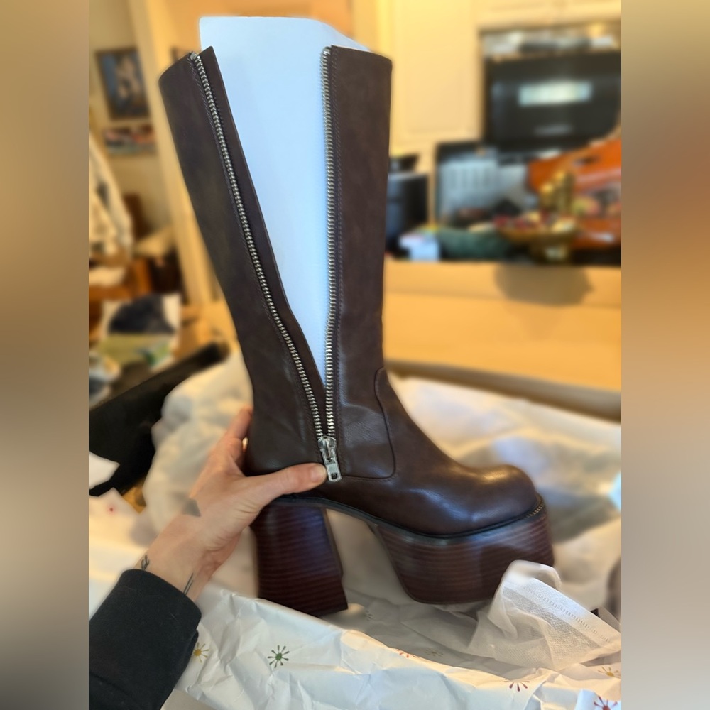 DollsKill Vintage Soul Dark Brown Leather Platform Boots